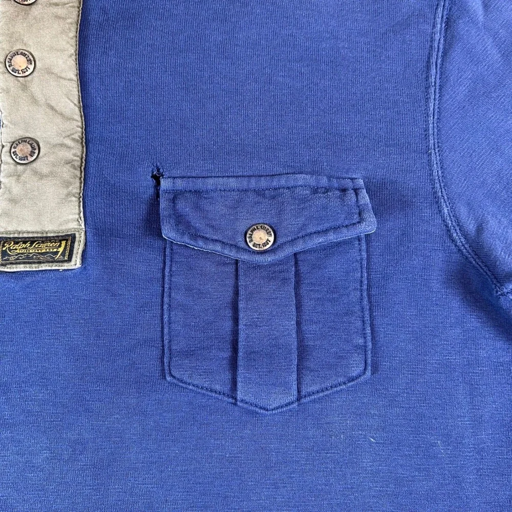 VTG Polo Ralph Lauren Pullover Mens Medium Blue Quarter Zip Military Elbow Patch